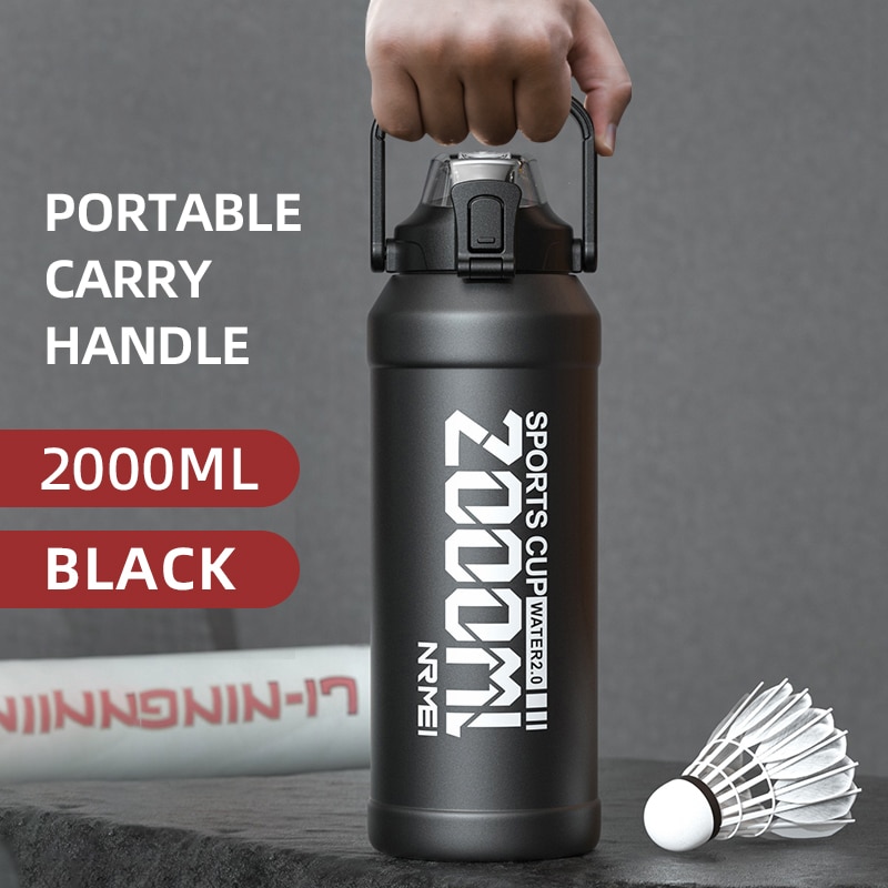 Botella de agua de 2L, termo con pajita extraíble, botella de agua portátil  de acero inoxidable con asa de transporte para gimnasio – RMBLR Supply
